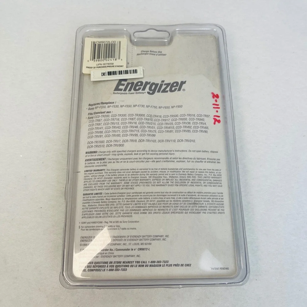 Energizer Camcorder Battery CM9072 Sony NP-F550 NP-F750 NP-F950 Lithium-Ion NEW